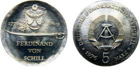 Germany Democratic Republic 5 Mark 1976 A Berlin mint 200th Anniversary of Birth of Ferdinand von Schill Nickel brass BU 12.1g KM# 60