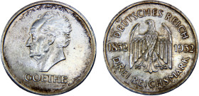 Germany Weimar Republic 3 Reichsmark 1932 A Berlin mint Centenary, Death of Goethe Silver AU 14.9g KM# 76