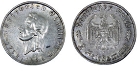 Germany The Third Reich 2 Reichsmark 1934 F Stuttgart mint 175th Anniversary of Friedrich Schiller's Birth Silver AU 8g KM# 84