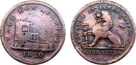 Gibraltar British colony George III 2 Quartos 1820 Token, James Spittle Copper VF 8g KM# Tn9