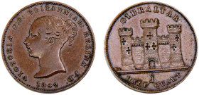 Gibraltar British colony Victoria 1/2 Quart 1842 (Mintage 38700) Copper AU 2.6g KM# 1