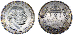 Hungary Austro-Hungarian Empire Franz Joseph I 5 Korona 1908 KB Kremnica mint Silver XF 24g KM# 488