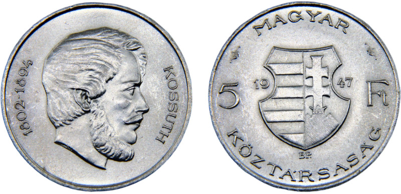 Hungary Republic 5 Forint 1947 BP Budapest mint Lajos Kossuth Silver UNC 11.8g K...