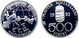 Hungary Republic 500 Forint 1993 BP Budapest mint(Mintage 30000) European Currency Union, ECU Silver PF 31.4g KM# 704