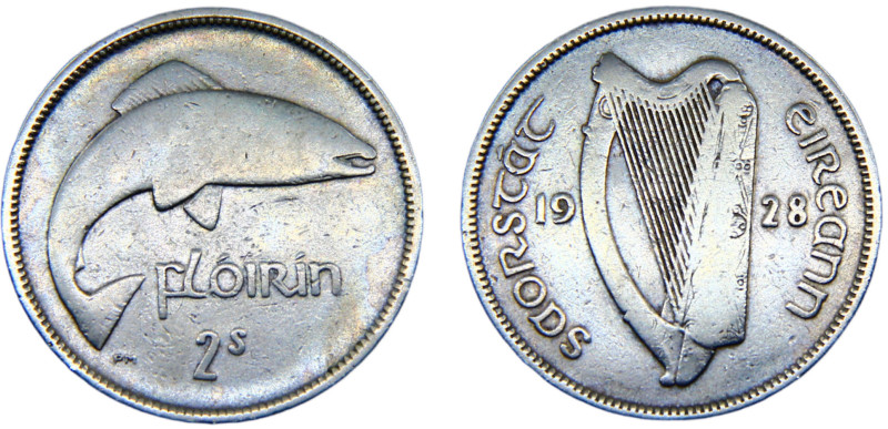 Ireland Republic 2 Scilling / Flóirin 1928 Royal mint Silver VF 11g KM# 7