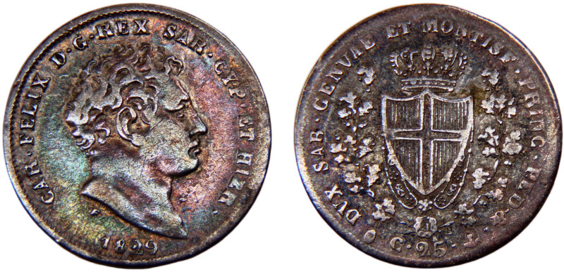 Italy States Kingdom of Sardinia Carlo Felice 25 Centesimi 1829 L Silver VF 1.3g...