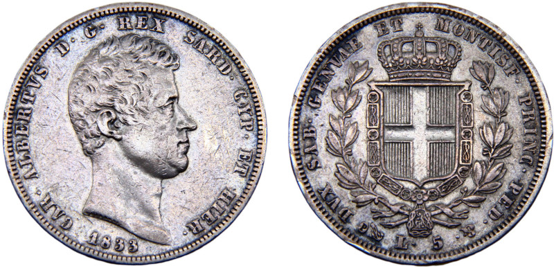 Italy States Kingdom of Sardinia Carlo Alberto 5 Lire 1833 P Genoa mint Silver V...