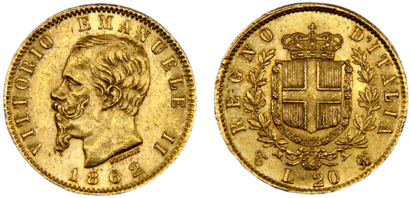 Italy Kingdom Vittorio Emanuele II 20 Lire 1862 T BN Turin mint Gold UNC 6.45g K...