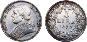 Italy Papal States Pius IX 5 Lire 1870//XXV R Rome mint Silver AU 25g KM# 1385