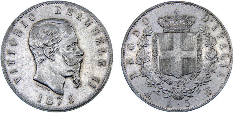 Italy Kingdom Vittorio Emanuele II 5 Lire 1875 M BN Milan mint Silver AU 25g KM#...