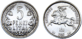 Lithuania Republic 5 Litai 1925 Silver AU 13.4g KM# 78