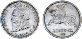 Lithuania Republic 5 Litai 1936 Silver AU 9g KM# 82