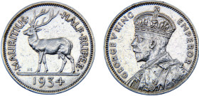 Mauritius British colony George V ½ Rupee 1934 Royal mint Silver XF 5.8g KM# 16
