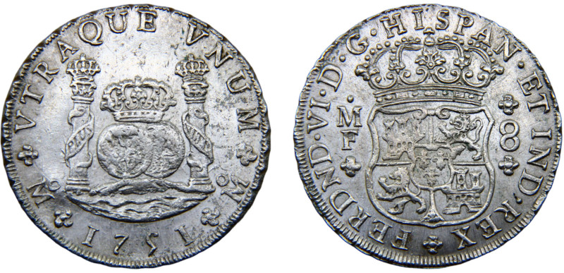 Mexico Spanish colony Fernando VI 8 Reales 1751 Mo MF Mexico City mint Cleaned S...