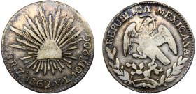 Mexico Federal Republic 2 Reales 1862 Zs VL Zacatecas mint Silver VF 6.7g KM#374.12