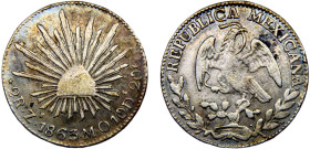 Mexico Federal Republic 2 Reales 1863 Zs MO Zacatecas mint Silver VF 6.3g KM#374.12