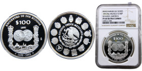 Mexico United Mexican States 100 Pesos 1991 Mo Mexico City mint(Mintage 30000) Ibero-American Series I, Encounter of Two Worlds Silver NGC PF68 KM# 54...