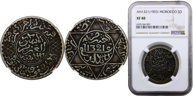 Morocco Kingdom Alawi Dynasty Abd al-Aziz 5 Dirhams AH1321 (1903) Royal mint Sil...