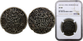 Morocco Kingdom Alawi Dynasty Abd al-Aziz 5 Dirhams AH1321 (1903) Royal mint Silver NGC XF40 Y# 21.2