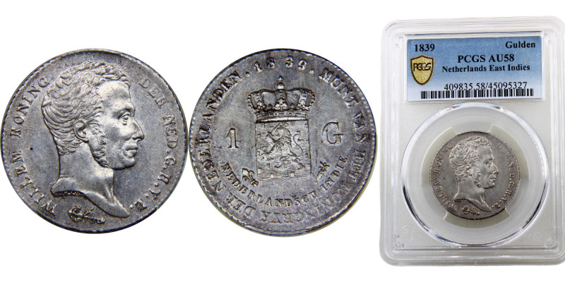 Netherlands East Indies Dutch colony Willem I 1 Gulden 1839 Silver PCGS AU58 KM#...