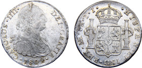 Peru Spanish colony Carlos IV 8 Reales 1802 LIMAE IJ Lima mint Silver UNC 27.6g KM# 97