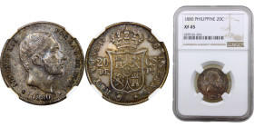 Philippines Spanish colony Alfonso XII 20 Centimos de Peso 1880 Manila mint Silver NGC XF45 KM# 149
