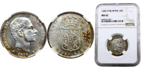 Philippines Spanish colony Alfonso XII 20 Centimos de Peso 1885 Manila mint Silver NGC MS62 KM# 149