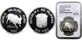 Philippines Republic 200 Piso 1987 (Mintage 25000) WWF, Mindoro Buffalo Silver NGC PF69 KM# 248