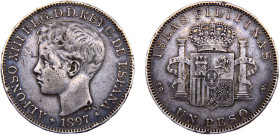 Philippines Spanish colony Alfonso XIII 1 Peso 1897 SGV Manila mint Knock Silver XF 25.1g KM# 154