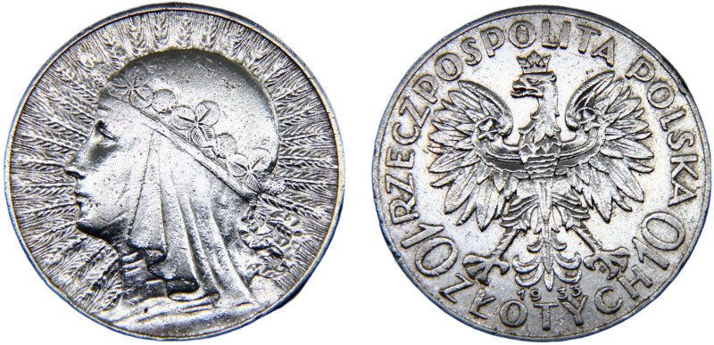 Poland First Republic 10 Złotych 1933 MW Warsaw mint Polonia Silver AU 22g Y# 22...