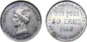 Réunion French colony 50 Centimes 1896 Copper-nickel UNC 2.5g KM# 4