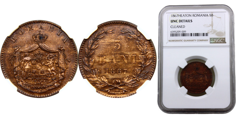 Romania Kingdom Carol I 5 Bani 1867 HEATON Heaton's mint Copper NGC UNC KM# 3.1...