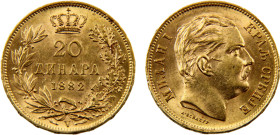 Serbia Milan I 20 Dinara 1882 V Vienna mint Original Gloss Gold UNC 6.5g KM# 17