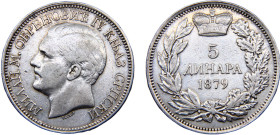 Serbia Kingdom Milan Obrenović IV 5 Dinara 1879 Silver VF 25g KM# 12