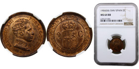 Spain Kingdom Alfonso XIII 2 Centimos 1904 *04 SMV Madrid mint 4th portrait Bronze NGC MS64 KM# 722
