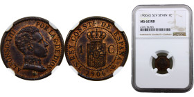 Spain Kingdom Alfonso XIII 1 Centimo 1906 *6 SLV Madrid mint 4th portrait Bronze NGC MS62 KM# 726