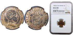 Spain Kingdom Alfonso XIII 1 Centimo 1906 *6 SLV Madrid mint 4th portrait Bronze NGC MS63 KM# 726
