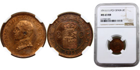 Spain Kingdom Alfonso XIII 2 Centimos 1911 *11 PCV Madrid mint 5th portrait Bronze NGC MS63 KM# 732
