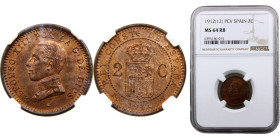 Spain Kingdom Alfonso XIII 2 Centimos 1912 *12 PCV Madrid mint 5th portrait Bronze NGC MS64 KM# 732