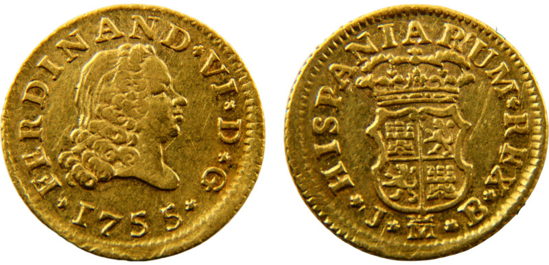 Spain Fernando VI 1/2 Escudo 1755 M JB Madrid mint 2nd type Gold XF 1.7g KM# 378...