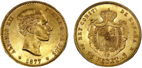 Spain Kingdom Alfonso XII 25 Pesetas 1877 *18-77 DEM Madrid mint 2nd portrait Gold UNC 8.1g KM# 673
