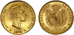 Spain Kingdom Alfonso XII 25 Pesetas 1878 *18-78 EMM Madrid mint 2nd portrait Gold UNC 8.1g KM# 673