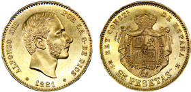 Spain Kingdom Alfonso XII 25 Pesetas 1881 *18-81 MSM Madrid mint 3rd portrait Gold UNC 8.1g KM# 687