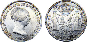 Spain Kingdom Isabel II 20 Reales 1853 Seville mint Scratches Silver AU 25.8g KM#593.3