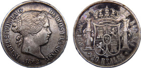 Spain Kingdom Isabel II 20 Reales 1862 Seville mint Silver XF 25.7g KM#609.3