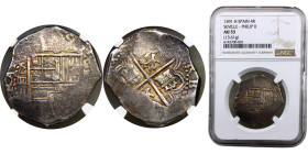 Spain Kingdom Philip II 4 Reales 1591 S H Seville mint Silver NGC AU53 Cal# 387