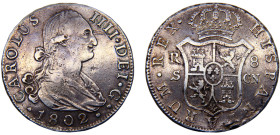 Spain Kingdom Carlos IV 8 Reales 1802 S CN Seville mint Damage Rim Silver VF 27g KM#432.2