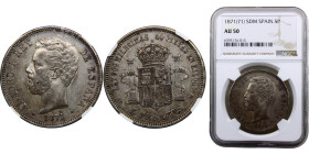 Spain Kingdom Amadeo I 5 Pesetas 1871 *18-71 SDM Madrid mint Silver NGC AU50 KM# 666