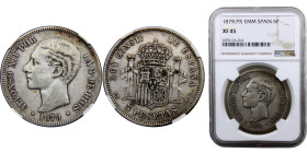 Spain Kingdom Alfonso XII 5 Pesetas 1879 *18-79 EMM Madrid mint 2nd portrait Silver NGC XF45 KM# 676