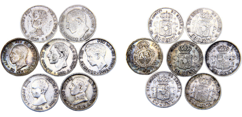 Spain Kingdom Alfonso XII-Alfonso XIII 50 Centimos 1880-1926 7 Lots Silver XF
